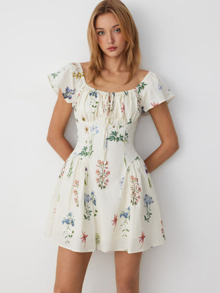 Cotton Floral Square Neck Cloak Sleeve Ruched Milkmaid Mini Dress