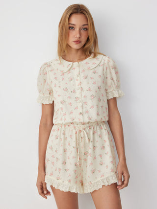 Floral Peter Pan Collar Puff Sleeve Lace Trim Mid Rise Romper