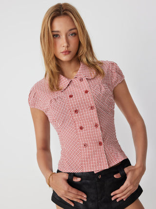 Cotton-blend Gingham Peter Pan Collar Puff Sleeve Double Breasted Blouse
