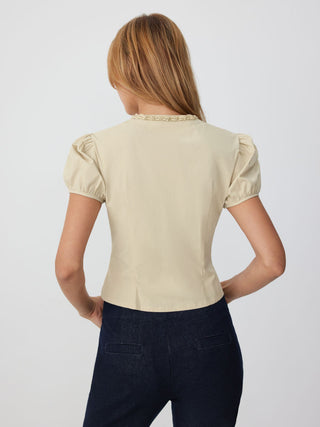 Cotton Puff Sleeve Lace Panel Blouse