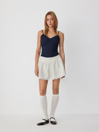 Cotton-blend Mid Rise Striped Lace Trim A-line Mini Skirt