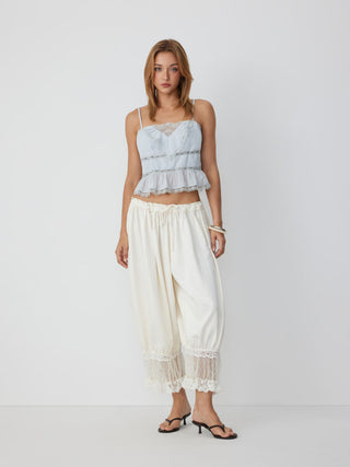 Chiffon Striped Lace Trim Ruffle Hem Crop Cami Top