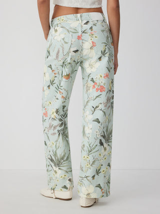 Denim Low Rise Striped Floral Graphic Asymmetrical Metal Detail Wide Leg Jeans