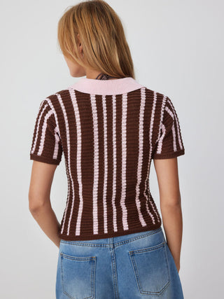 Knit Cotton-blend Stripe Pointelle Polo Neck Colorblock Short Sleeve Top
