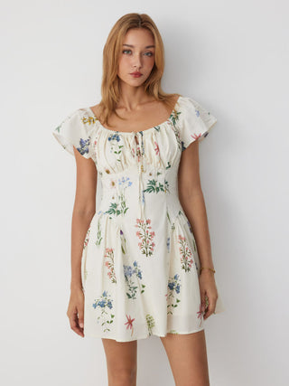 Cotton Floral Square Neck Cloak Sleeve Ruched Milkmaid Mini Dress