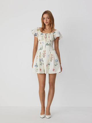Cotton Floral Square Neck Cloak Sleeve Ruched Milkmaid Mini Dress