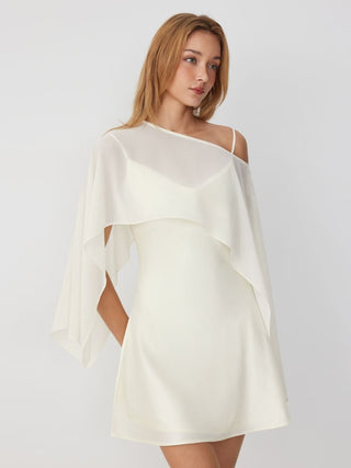 Sheer Boat Neck Cape Top & Satin High Rise Mini Dress Set