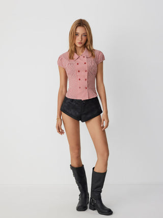 Cotton-blend Gingham Peter Pan Collar Puff Sleeve Double Breasted Blouse