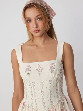 Square Neck Floral Corset Midi Dress