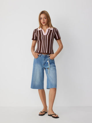 Knit Cotton-blend Stripe Pointelle Polo Neck Colorblock Short Sleeve Top