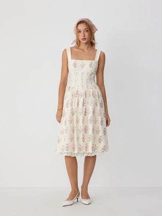 Square Neck Floral Corset Midi Dress