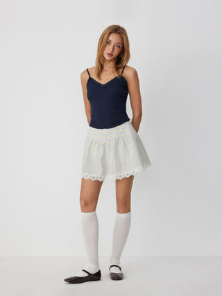 Cotton-blend Mid Rise Striped Lace Trim A-line Mini Skirt