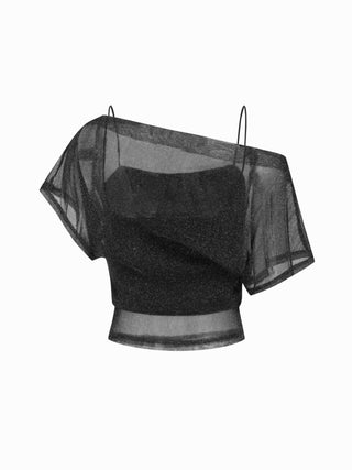Metallic Mesh Textured Batwing Sleeve Lined Tee