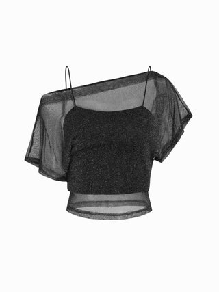 Metallic Mesh Textured Batwing Sleeve Lined Tee