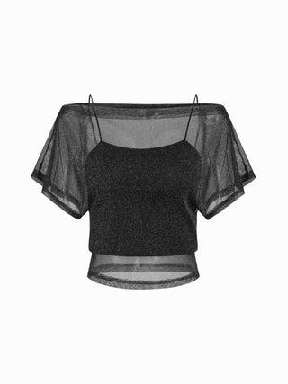 Metallic Mesh Textured Batwing Sleeve Lined Tee