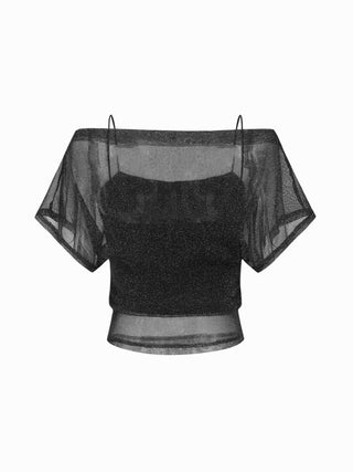 Metallic Mesh Textured Batwing Sleeve Lined Tee