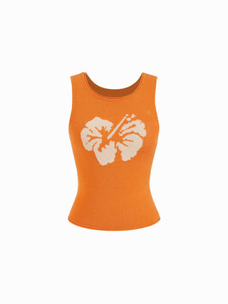 Knit Linen-blend Floral Graphic Jacquard Tank Top