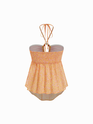 Floral Halter Neckline Ruched Cut Out Crop Blouse