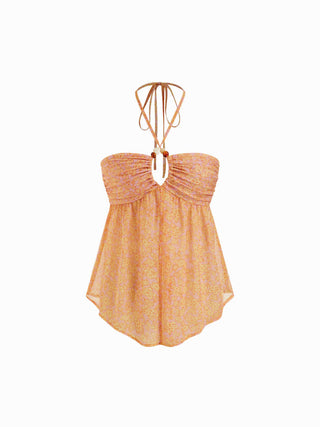 Floral Halter Neckline Ruched Cut Out Crop Blouse