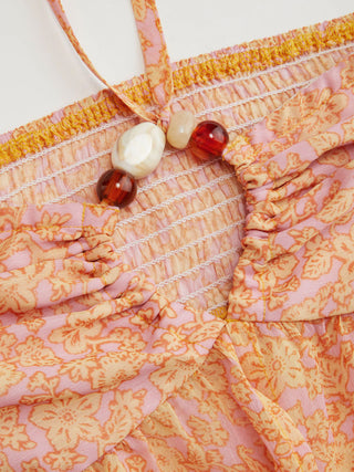 Floral Halter Neckline Ruched Cut Out Crop Blouse
