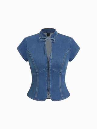 Stretch Denim Stand Collar Short Sleeve Bowknot Zip Up Blouse