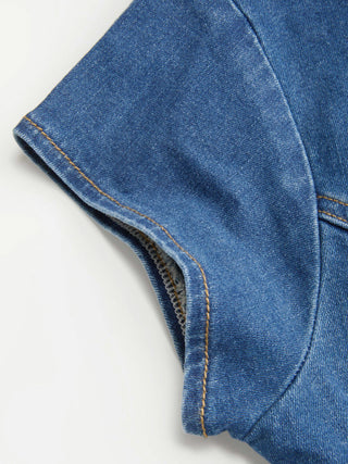 Stretch Denim Stand Collar Short Sleeve Bowknot Zip Up Blouse