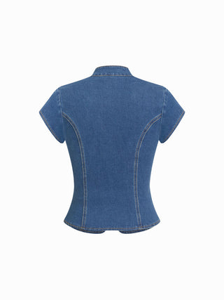 Stretch Denim Stand Collar Short Sleeve Bowknot Zip Up Blouse