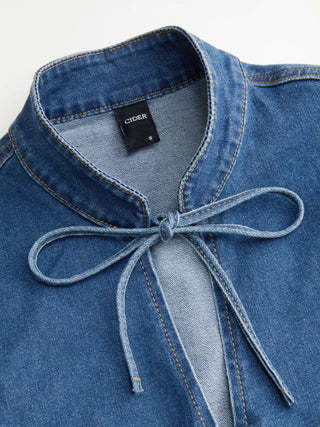 Stretch Denim Stand Collar Short Sleeve Bowknot Zip Up Blouse