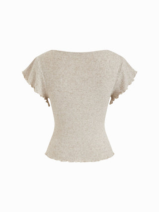 Knit Linen-blend Ruffle Sleeve Lettuce Trim Oversized Top