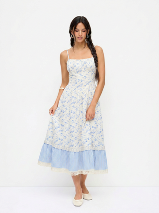 Ditsy Floral Striped Ruched Lace Panel Tiered Cami Maxi Dress
