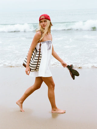 Cotton Bandeau Striped Bowknot Oversized Babydoll Mini Dress