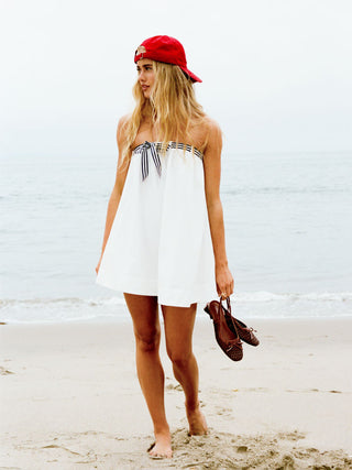 Cotton Bandeau Striped Bowknot Oversized Babydoll Mini Dress
