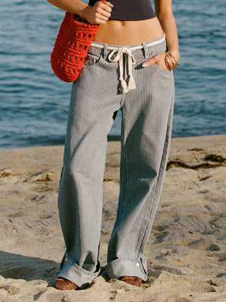 Denim Mid Rise Striped Barrel-leg Jeans with Belt