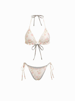 Floral Ruffle Trim Triangle Halter Bikini Set