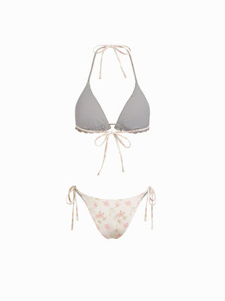 Floral Ruffle Trim Triangle Halter Bikini Set