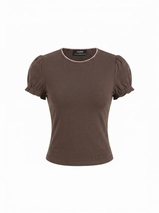 Cotton-blend Contrast Stitch Ruched Puff Sleeve Tee