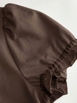 Cotton-blend Contrast Stitch Ruched Puff Sleeve Tee