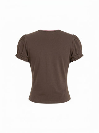 Cotton-blend Contrast Stitch Ruched Puff Sleeve Tee