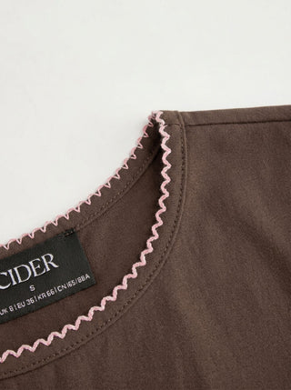 Cotton-blend Contrast Stitch Ruched Puff Sleeve Tee