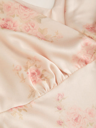 Satin V Neck Floral Mermaid Maxi Dress with Shoulder Bowknot