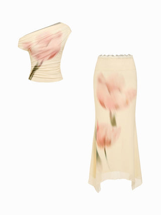 Mesh Floral Graphic Asymmetrical Top & Mid Rise Mermaid Maxi Skirt Set