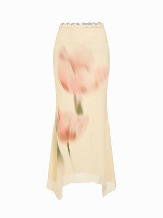 Mesh Floral Graphic Asymmetrical Top & Mid Rise Mermaid Maxi Skirt Set