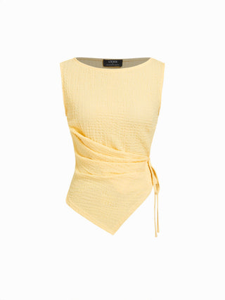 Texture Boat Neck Asymmetrical Hem Top & Mid Rise Straight Leg Trousers Set