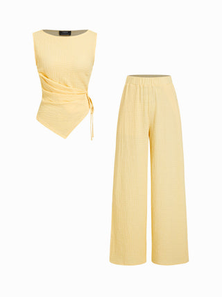 Texture Boat Neck Asymmetrical Hem Top & Mid Rise Straight Leg Trousers Set