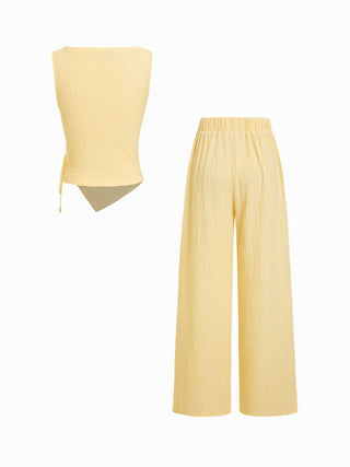 Texture Boat Neck Asymmetrical Hem Top & Mid Rise Straight Leg Trousers Set