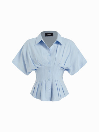 Linen-blend Linen-blend Collar V-neck Pleated Short Sleeve Shirt For Work