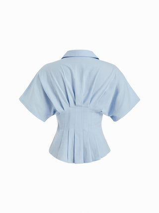 Linen-blend Linen-blend Collar V-neck Pleated Short Sleeve Shirt For Work