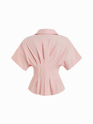 Linen-blend Linen-blend Collar V-neck Pleated Short Sleeve Shirt For Work