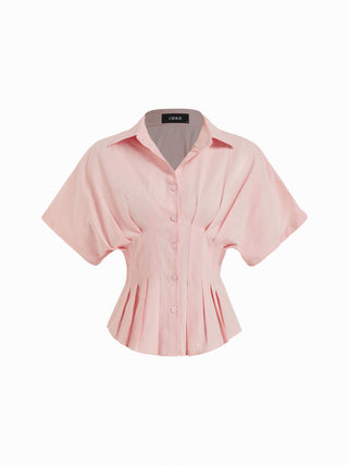 Linen-blend Linen-blend Collar V-neck Pleated Short Sleeve Shirt For Work