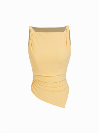 Jersey Boat Neck Asymmetrical Hem Ruched Tank Top For Daily Casual Work